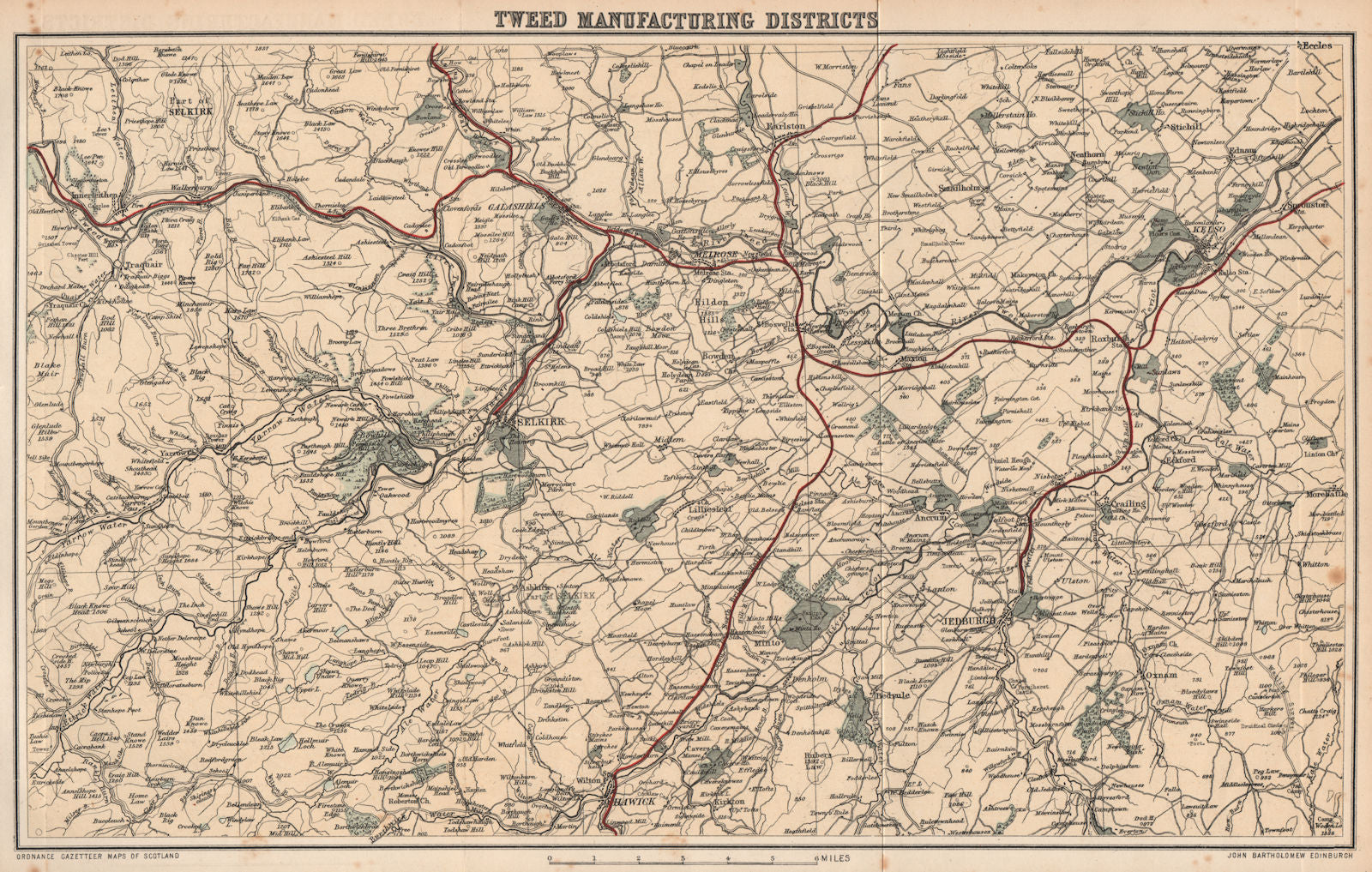 SCOTLAND. Tweed manufacturing districts. Wool Textiles. Selkirk Melrose 1885 map